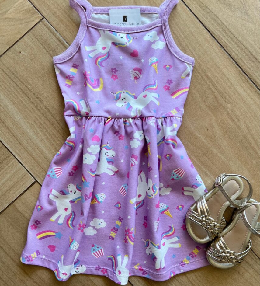 Vestido Infantil Feminino Curto Estampa Unicórnio Lilás Fernanda Ramos Kids
