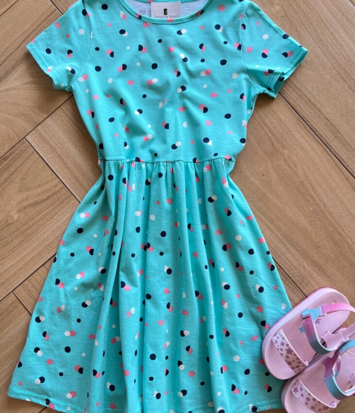 Vestido Infantil Feminino Curto Evase com Bolinhas Verde Água Fernanda Ramos Kids