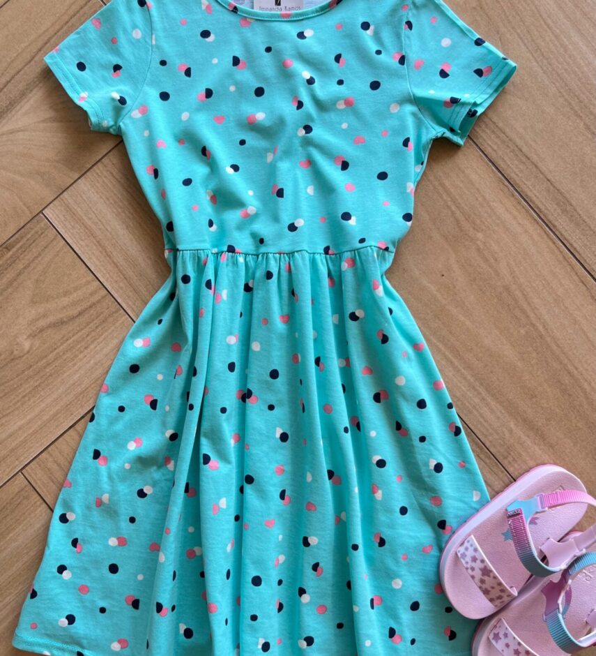 Vestido Infantil Feminino Curto Evase com Bolinhas Verde Água Fernanda Ramos Kids