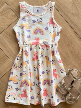 Vestido Infantil Feminino Curto Flores e Bichinhos Off White Fernanda Ramos Kids