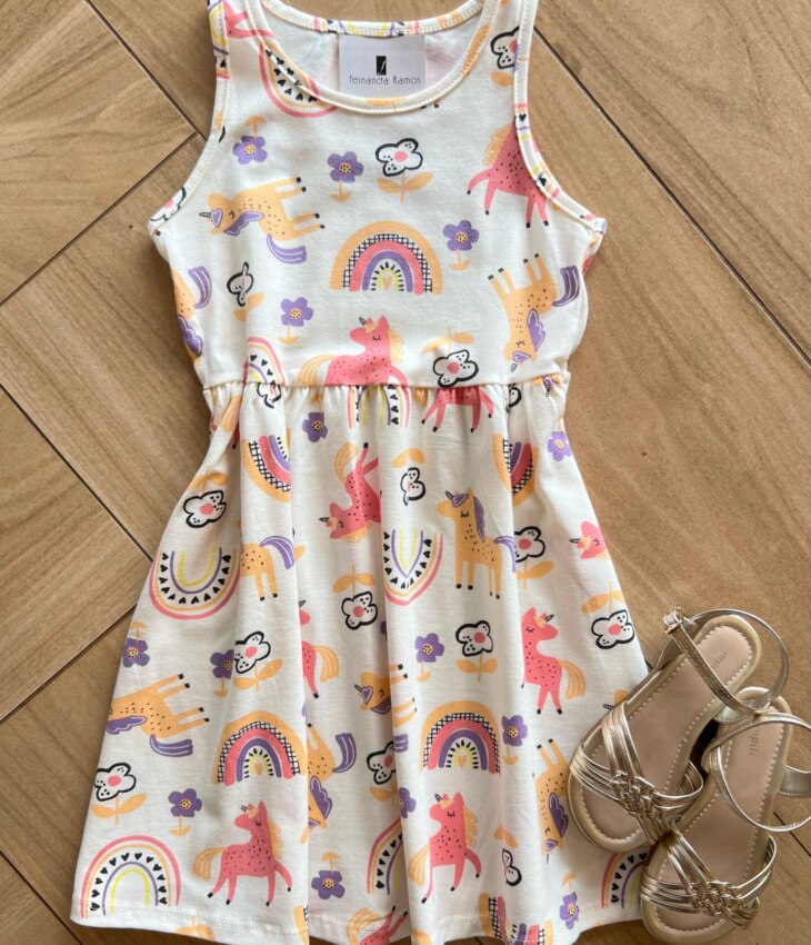 Vestido Infantil Feminino Curto Flores e Bichinhos Off White Fernanda Ramos Kids