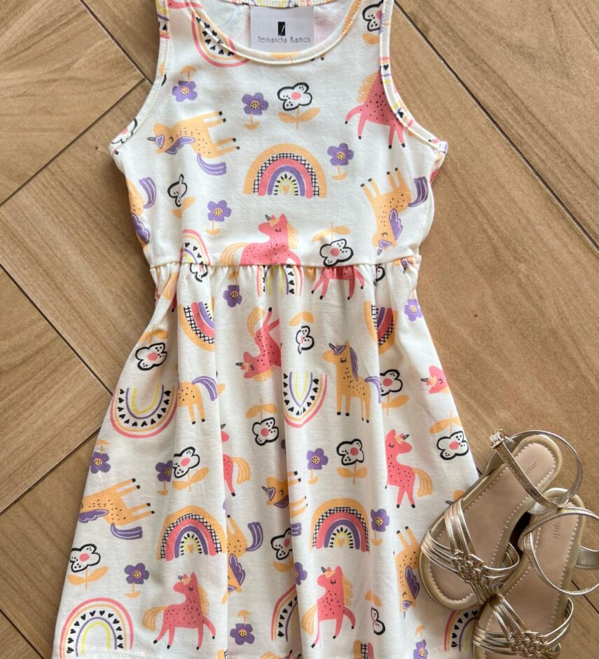 Vestido Infantil Feminino Curto Flores e Bichinhos Off White Fernanda Ramos Kids