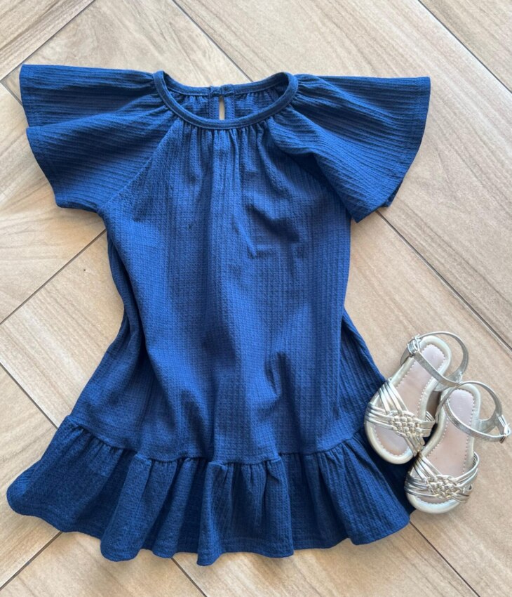 Vestido Infantil Feminino Curto Manga Curta Azul Marinho Fernanda Ramos Kids