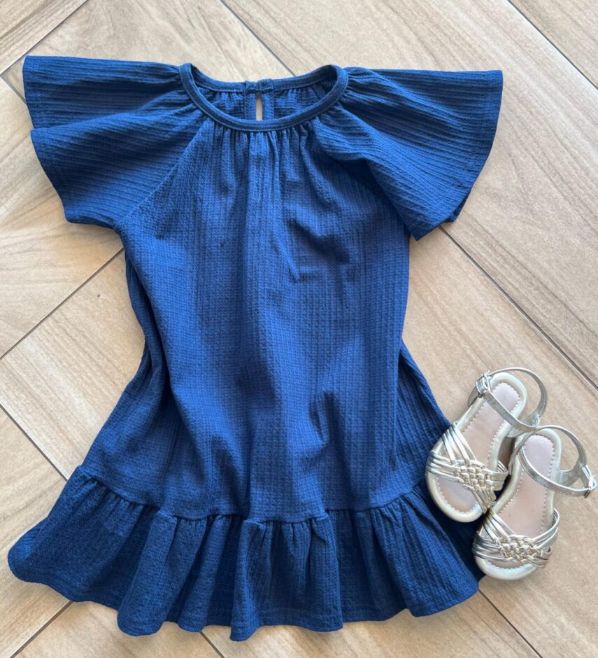 Vestido Infantil Feminino Curto Manga Curta Azul Marinho Fernanda Ramos Kids