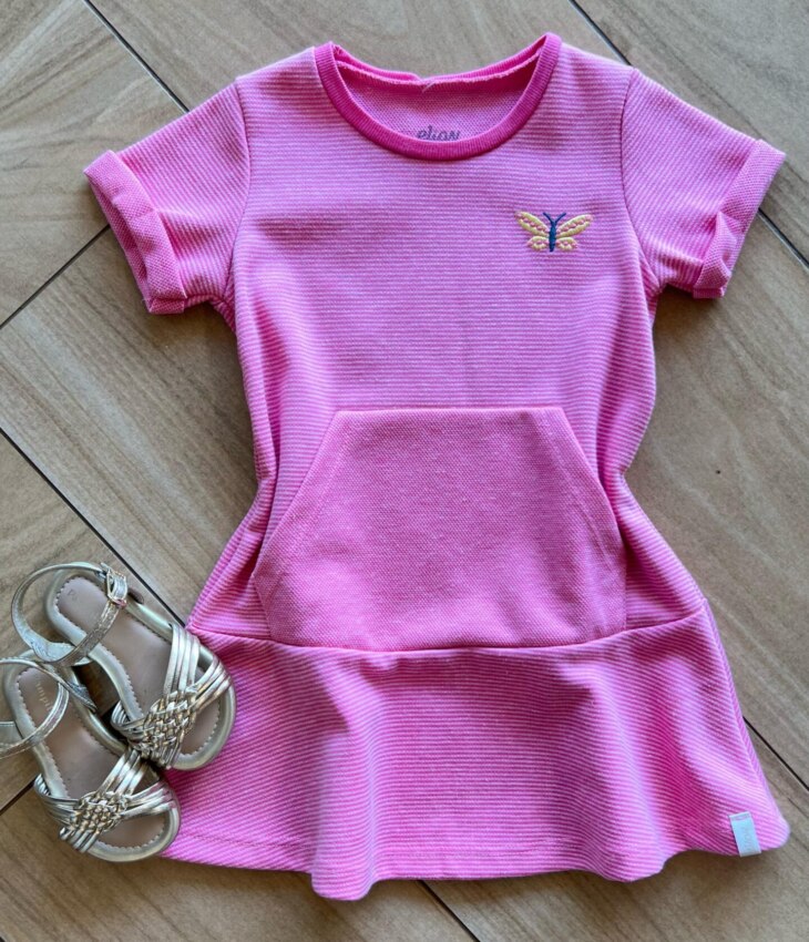 Vestido Infantil Feminino Curto Manga Curta com Bolso Rosa Fernanda Ramos Kids