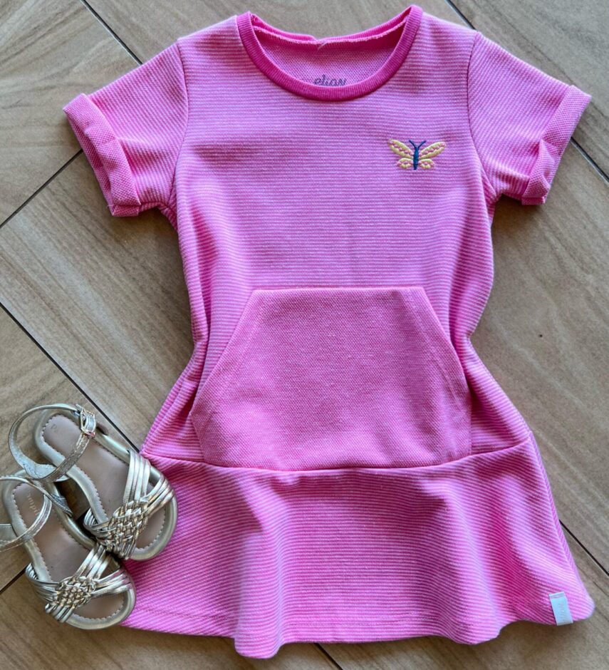 Vestido Infantil Feminino Curto Manga Curta com Bolso Rosa Fernanda Ramos Kids