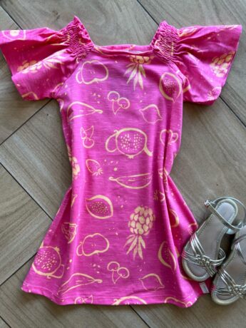 Vestido Infantil Feminino Curto Manga Curta Estampa Frutinhas Pink Fernanda Ramos Kids