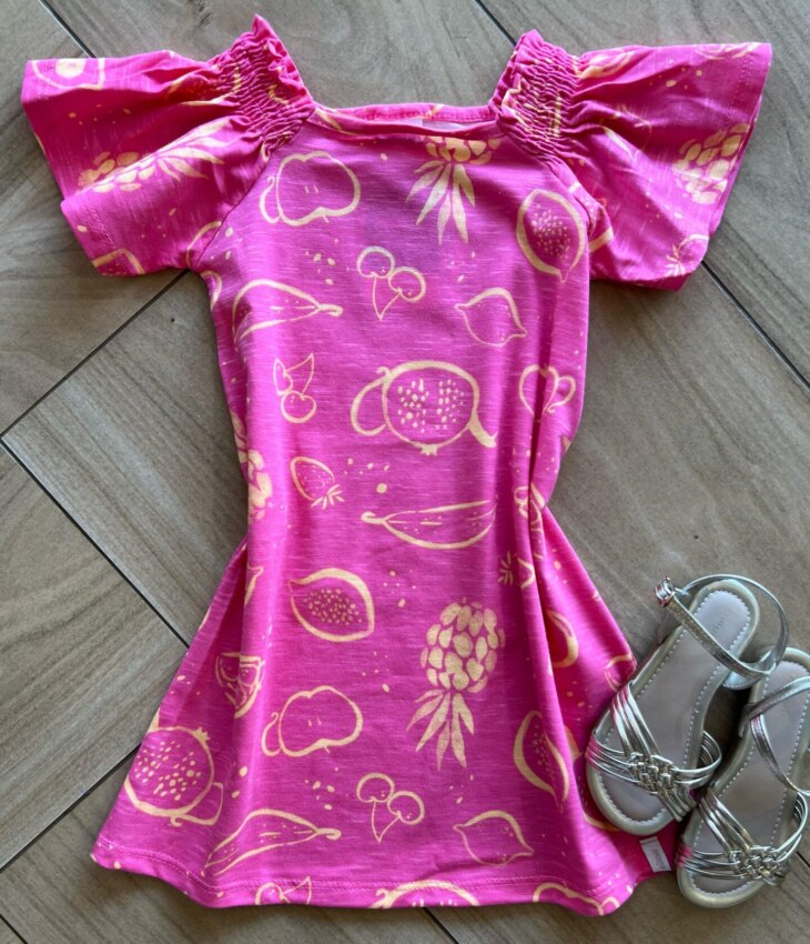 Vestido Infantil Feminino Curto Manga Curta Estampa Frutinhas Pink Fernanda Ramos Kids