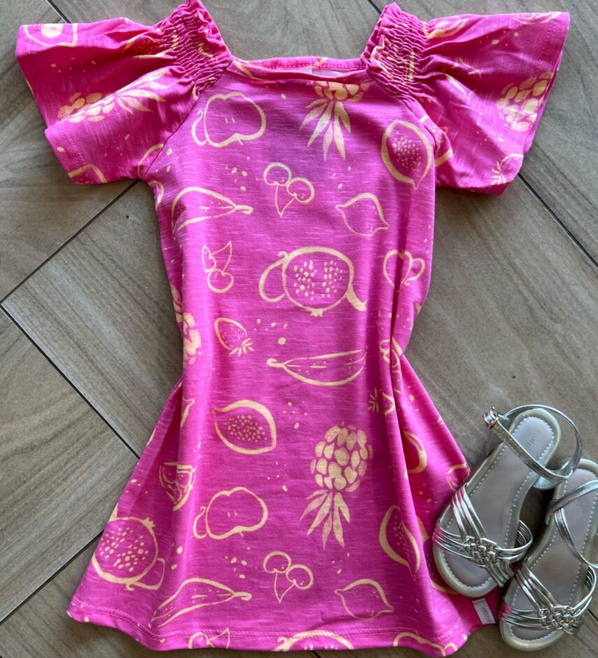 Vestido Infantil Feminino Curto Manga Curta Estampa Frutinhas Pink Fernanda Ramos Kids