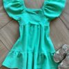 Vestido Infantil Feminino Curto Manga Curta Verde Caribe Fernanda Ramos Kids