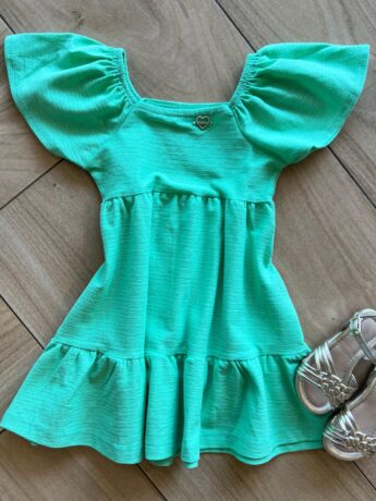 Vestido Infantil Feminino Curto Manga Curta Verde Caribe Fernanda Ramos Kids