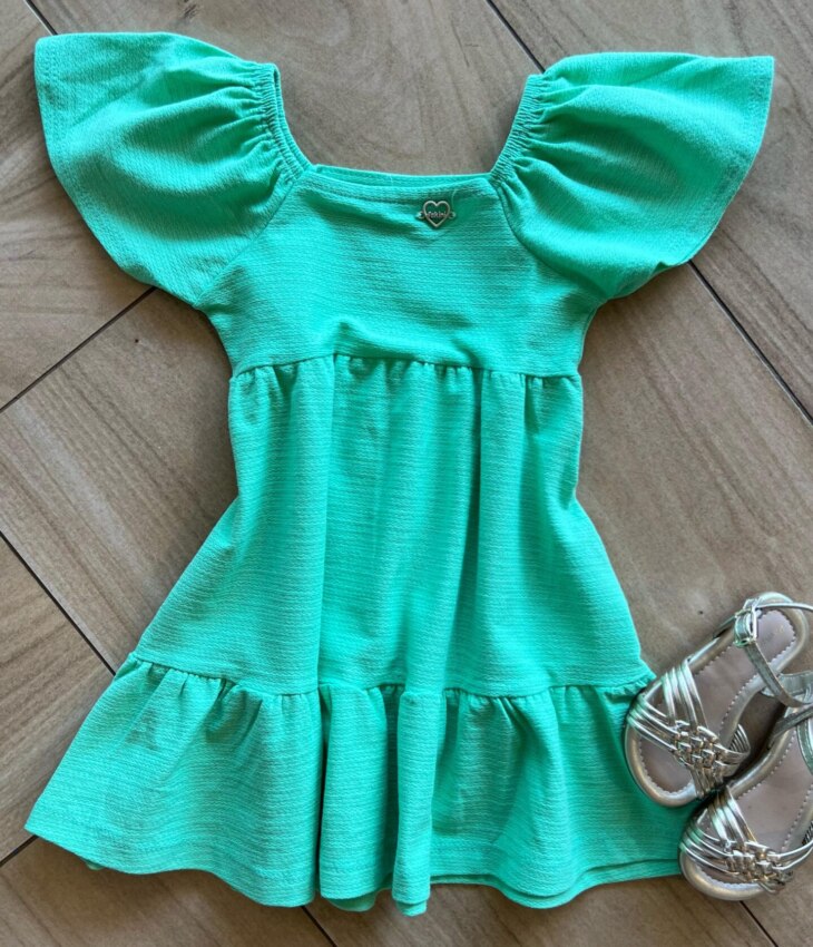 Vestido Infantil Feminino Curto Manga Curta Verde Caribe Fernanda Ramos Kids