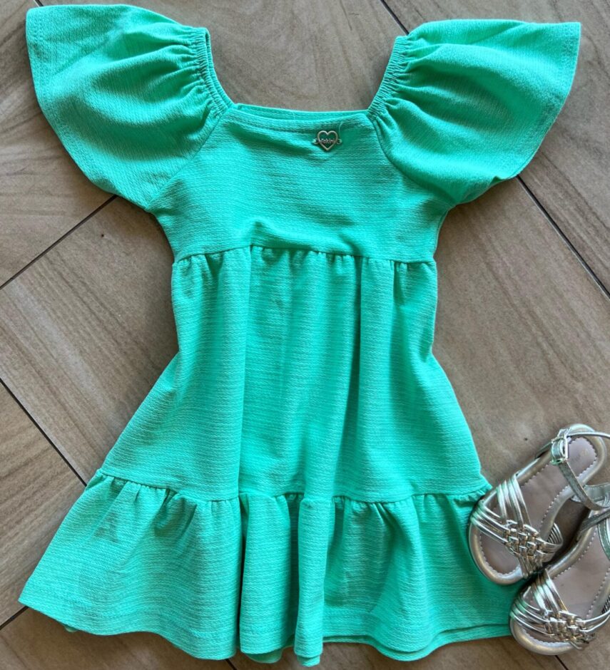 Vestido Infantil Feminino Curto Manga Curta Verde Caribe Fernanda Ramos Kids