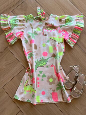 Vestido Infantil Feminino Curto Meia Malha Dinossauro Coloridos Fernanda Ramos Kids