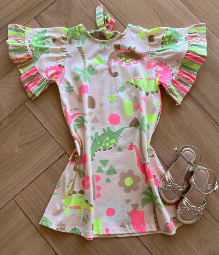 Vestido Infantil Feminino Curto Meia Malha Dinossauro Coloridos Fernanda Ramos Kids