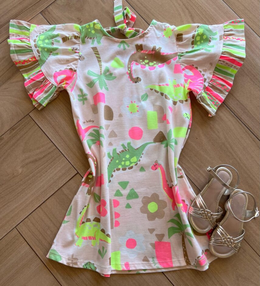 Vestido Infantil Feminino Curto Meia Malha Dinossauro Coloridos Fernanda Ramos Kids