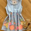 Vestido Infantil Feminino Curto Meia Malha Estampa Morangos Azul Fernanda Ramos Kids
