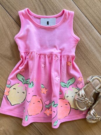 Vestido Infantil Feminino Curto Meia Malha Estampa Morangos Rosa Fernanda Ramos Kids