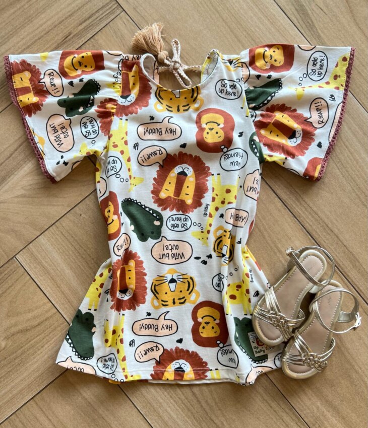 Vestido Infantil Feminino Curto Meia Malha Hey Buddy Estampado Fernanda Ramos Kids