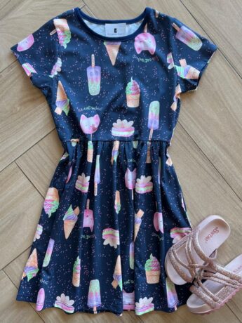 Vestido Infantil Feminino Curto Meia Malha Ice Cat Sweet Azul Fernanda Ramos Kids