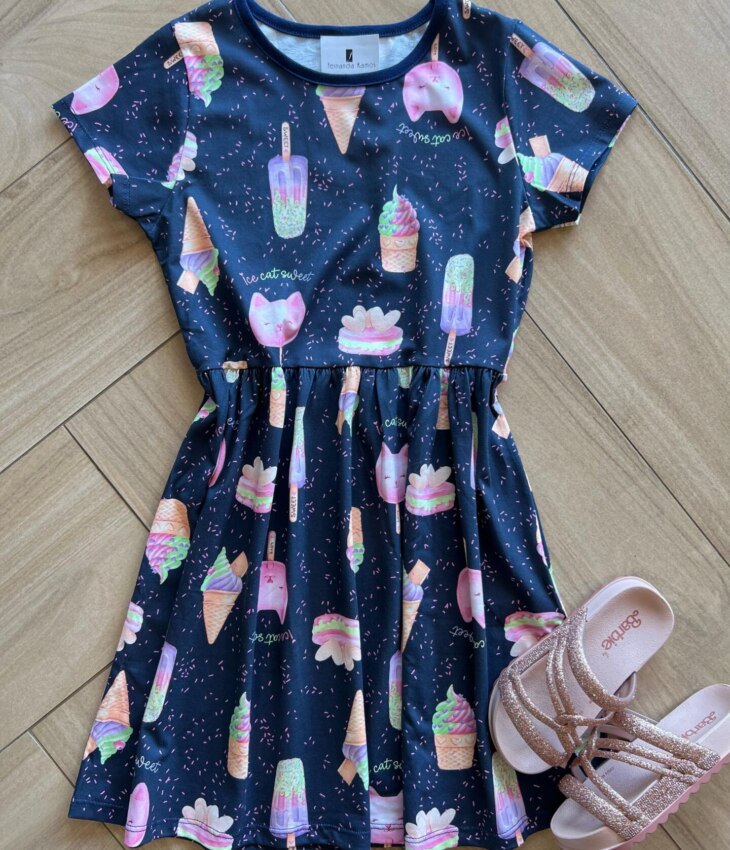 Vestido Infantil Feminino Curto Meia Malha Ice Cat Sweet Azul Fernanda Ramos Kids