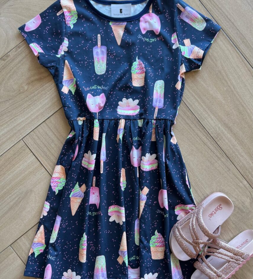 Vestido Infantil Feminino Curto Meia Malha Ice Cat Sweet Azul Fernanda Ramos Kids