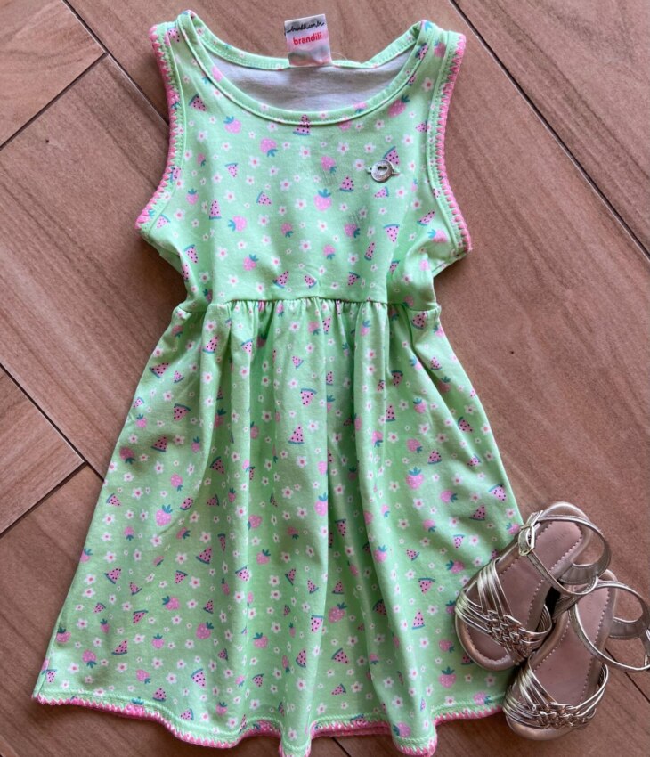 Vestido Infantil Feminino Curto Morangos e Melânicas Verde Fernanda Ramos Kids
