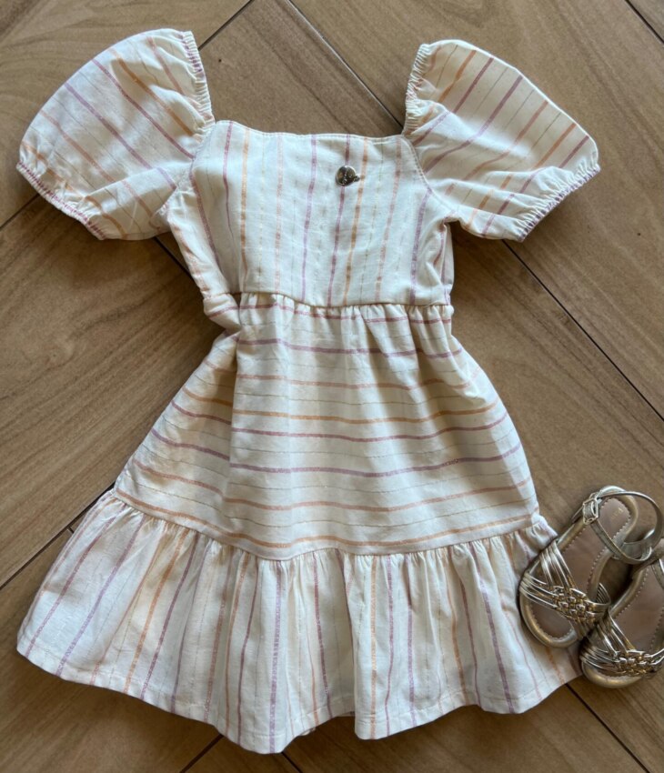 Vestido Infantil Feminino Curto Off White Fio Prata Fernanda Ramos Kids