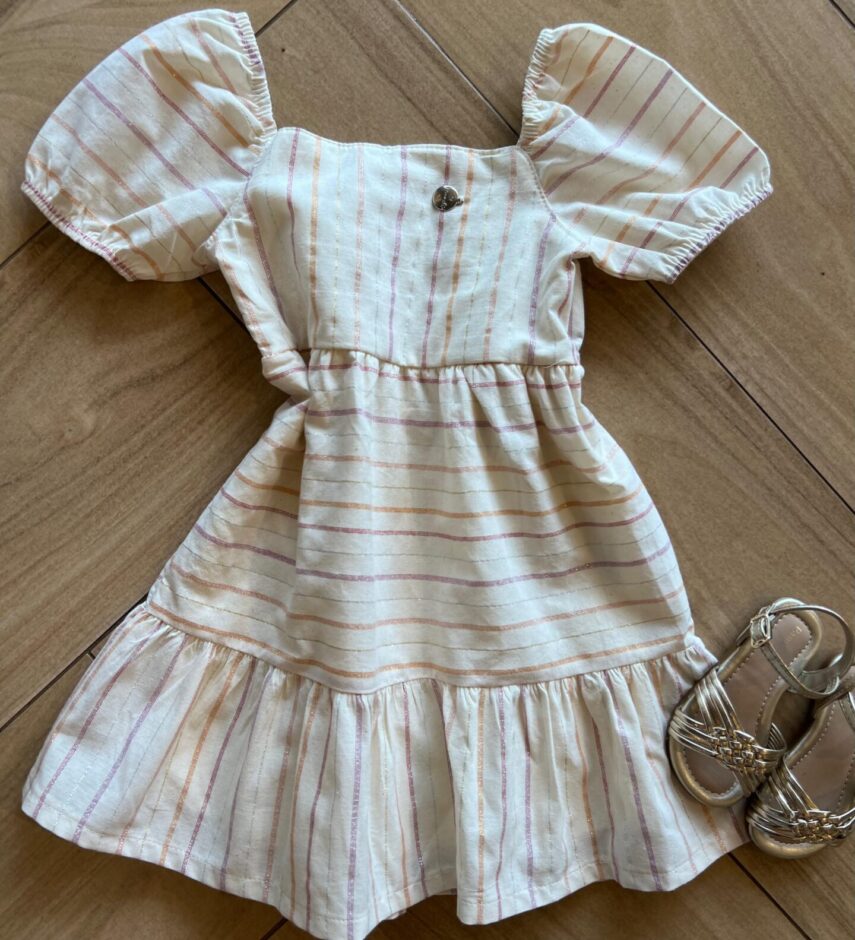Vestido Infantil Feminino Curto Off White Fio Prata Fernanda Ramos Kids