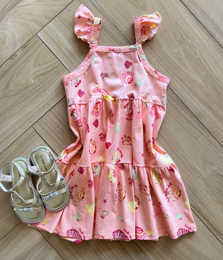Vestido Infantil Feminino Curto Rodado Alça com Lastex Salmão Fernanda Ramos Kids