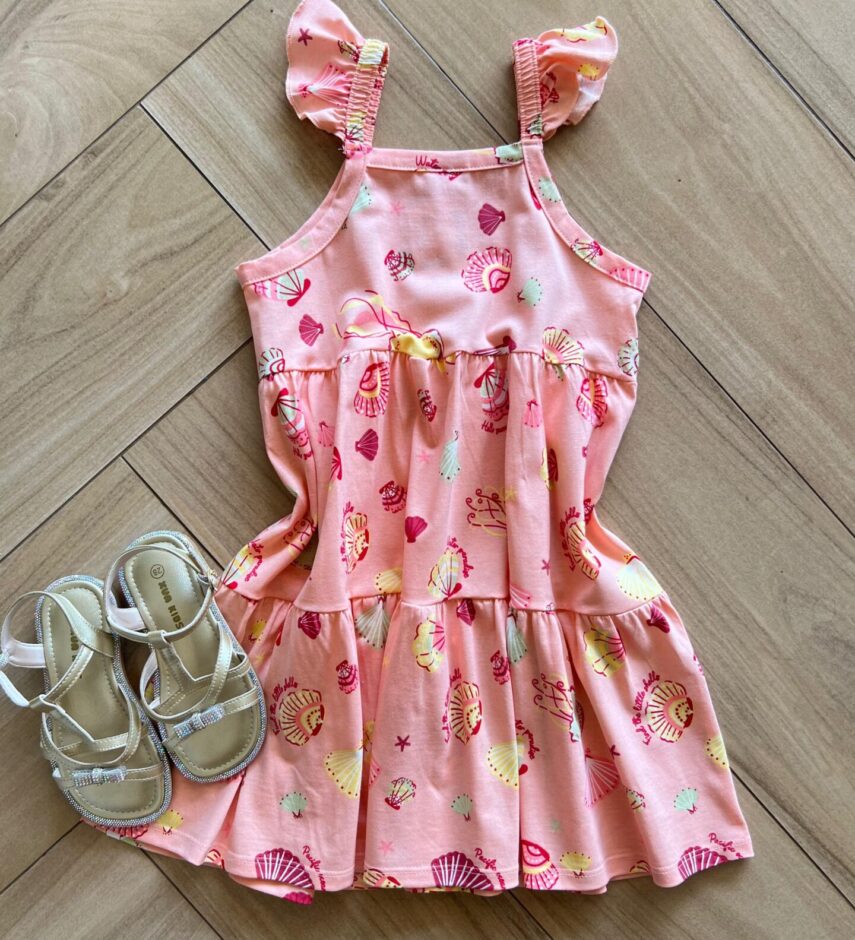 Vestido Infantil Feminino Curto Rodado Alça com Lastex Salmão Fernanda Ramos Kids