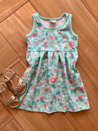 Vestido Infantil Feminino Curto Rodado Alça Estampado Verde Água Fernanda Ramos Kids