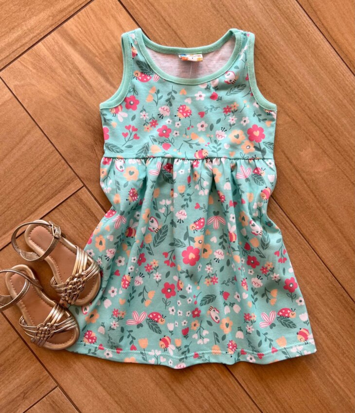 Vestido Infantil Feminino Curto Rodado Alça Estampado Verde Água Fernanda Ramos Kids