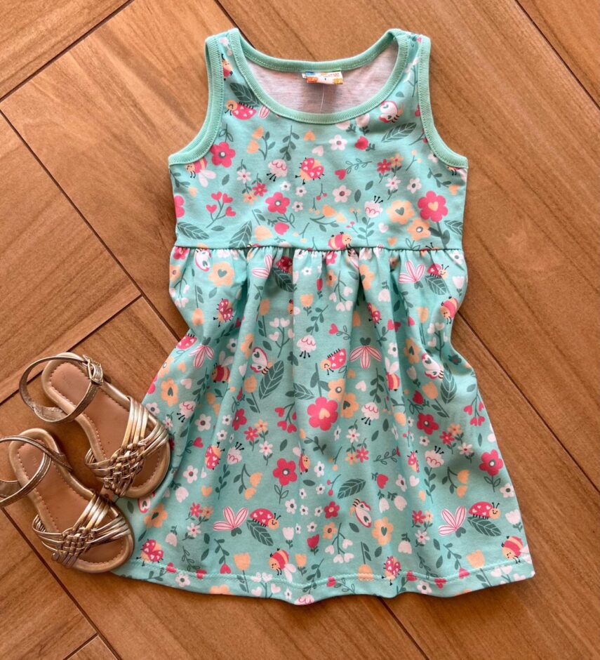 Vestido Infantil Feminino Curto Rodado Alça Estampado Verde Água Fernanda Ramos Kids
