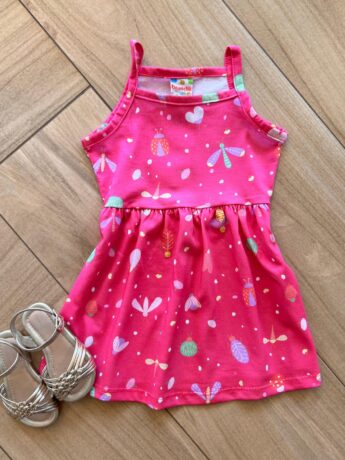 Vestido Infantil Feminino Curto Rodado Alça Fina Estampado Pink Fernanda Ramos Kids