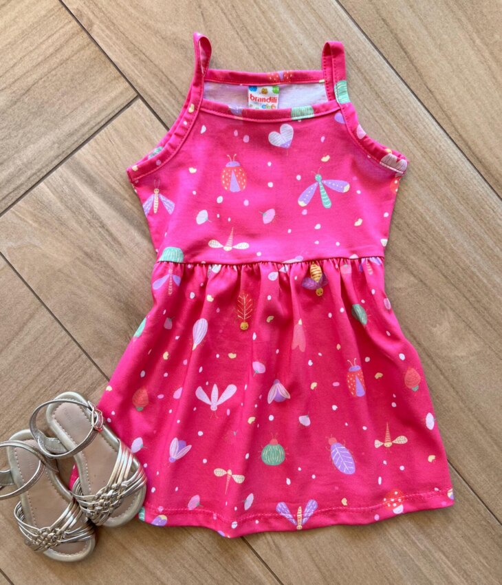 Vestido Infantil Feminino Curto Rodado Alça Fina Estampado Pink Fernanda Ramos Kids