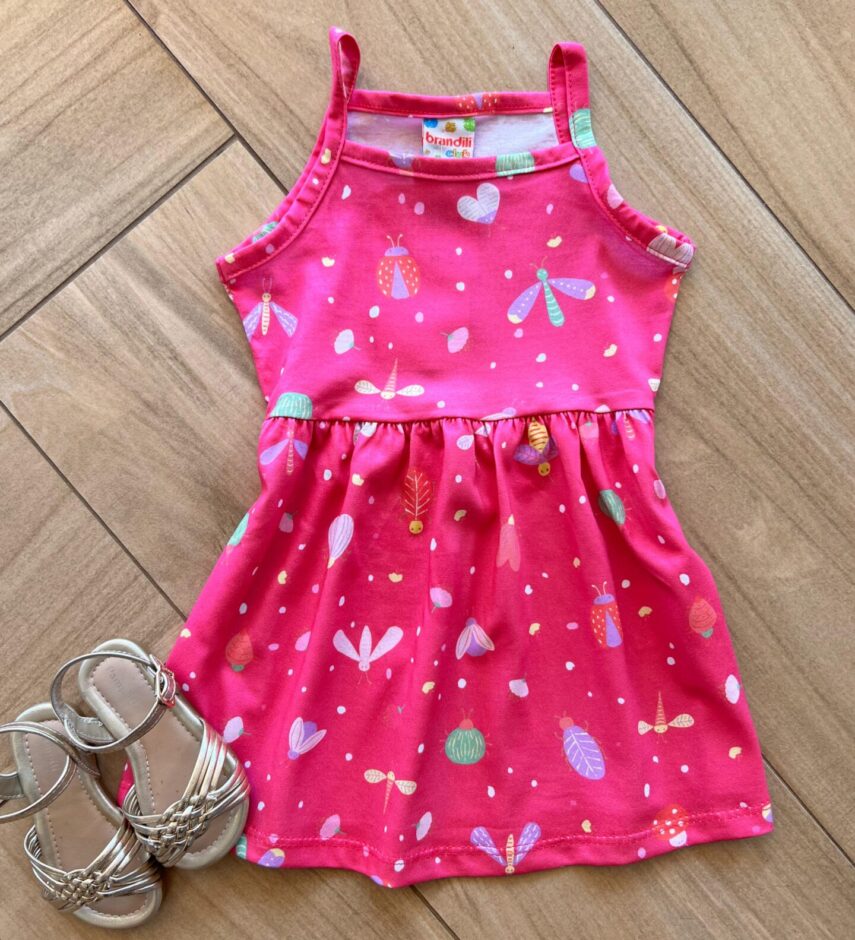Vestido Infantil Feminino Curto Rodado Alça Fina Estampado Pink Fernanda Ramos Kids