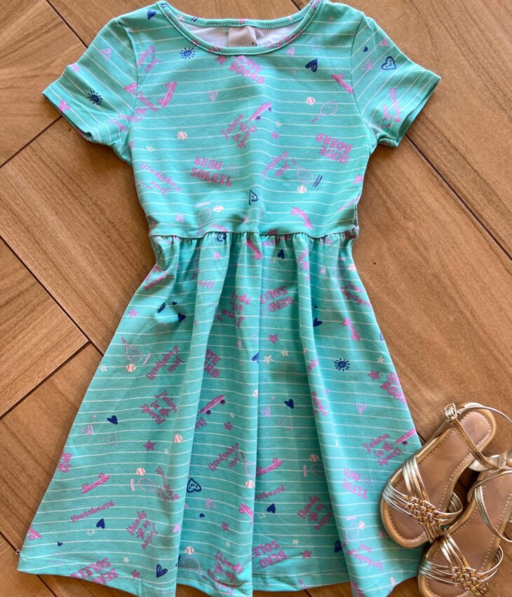 Vestido Infantil Feminino Curto Rodado Beau Solei Verde Água Fernanda Ramos Kids