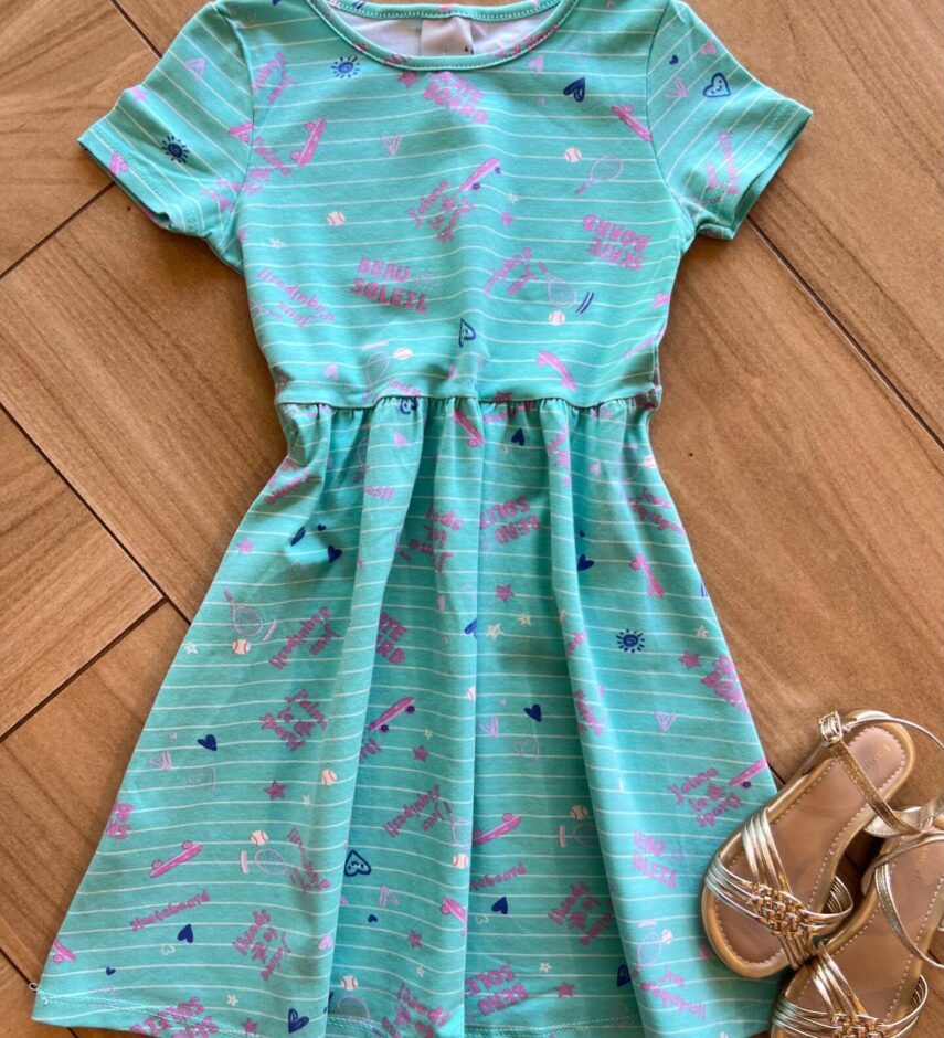 Vestido Infantil Feminino Curto Rodado Beau Solei Verde Água Fernanda Ramos Kids