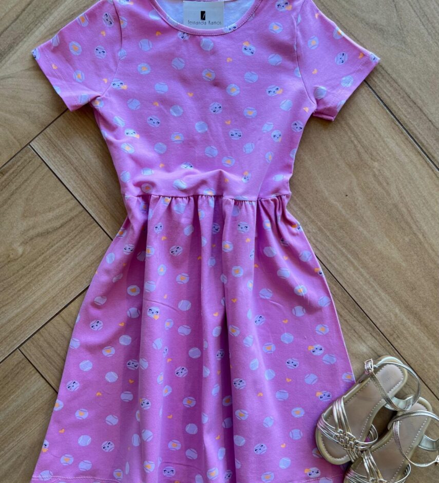 Vestido Infantil Feminino Curto Rodado Bola de Tênis Lilás Fernanda Ramos Kids