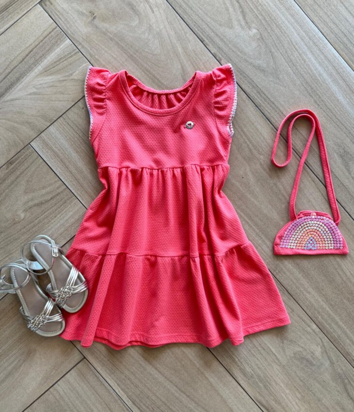 Vestido Infantil Feminino Curto Rodado com Bolsinha Bordada Fernanda Ramos Kids