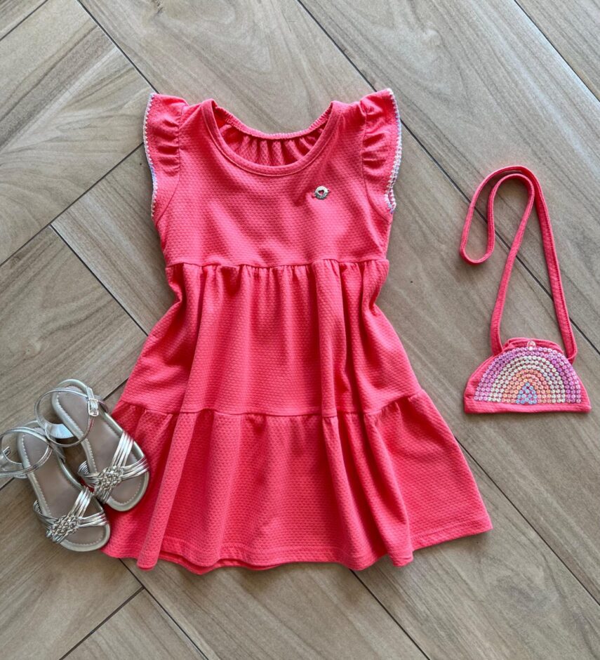 Vestido Infantil Feminino Curto Rodado com Bolsinha Bordada Fernanda Ramos Kids