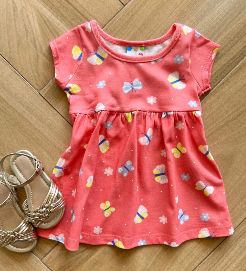 Vestido Infantil Feminino Curto Rodado com Borboletas Rosa Fernanda Ramos Kids