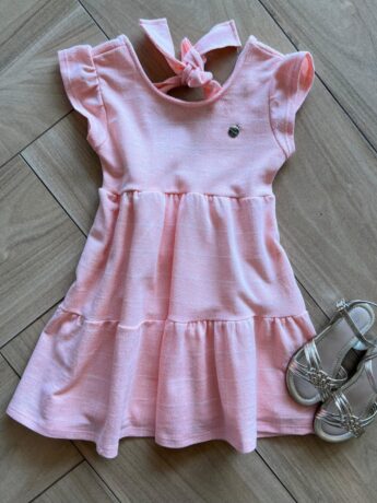 Vestido Infantil Feminino Curto Rodado com Listras e Amarração Rosa Fernanda Ramos Kids
