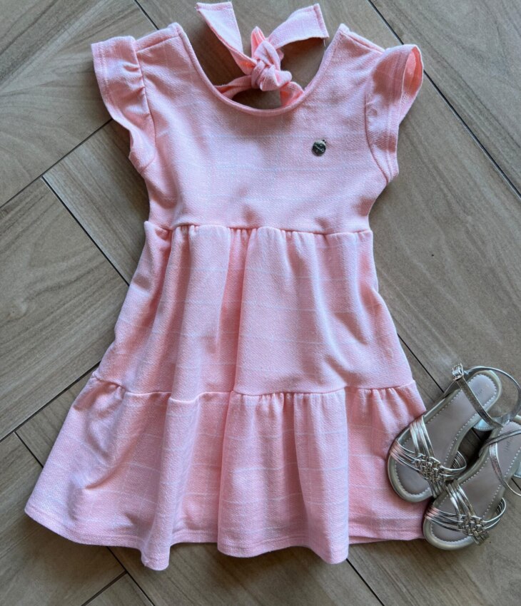 Vestido Infantil Feminino Curto Rodado com Listras e Amarração Rosa Fernanda Ramos Kids