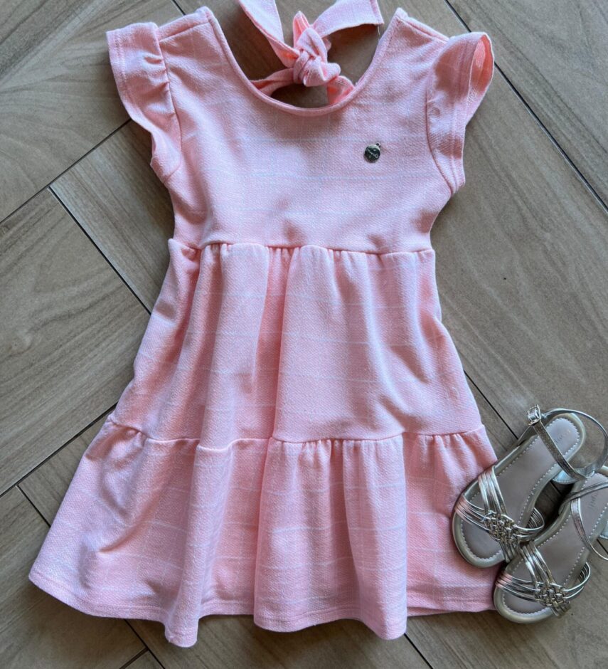Vestido Infantil Feminino Curto Rodado com Listras e Amarração Rosa Fernanda Ramos Kids
