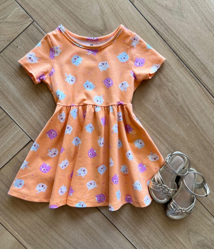 Vestido Infantil Feminino Curto Rodado de Bichinhos Laranja Fernanda Ramos Kids