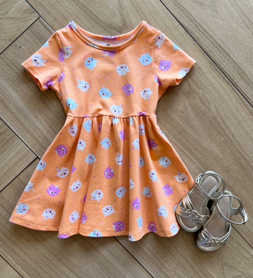 Vestido Infantil Feminino Curto Rodado de Bichinhos Laranja Fernanda Ramos Kids