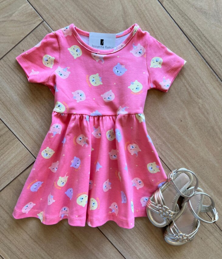 Vestido Infantil Feminino Curto Rodado de Bichinhos Rosa Fernanda Ramos Kids