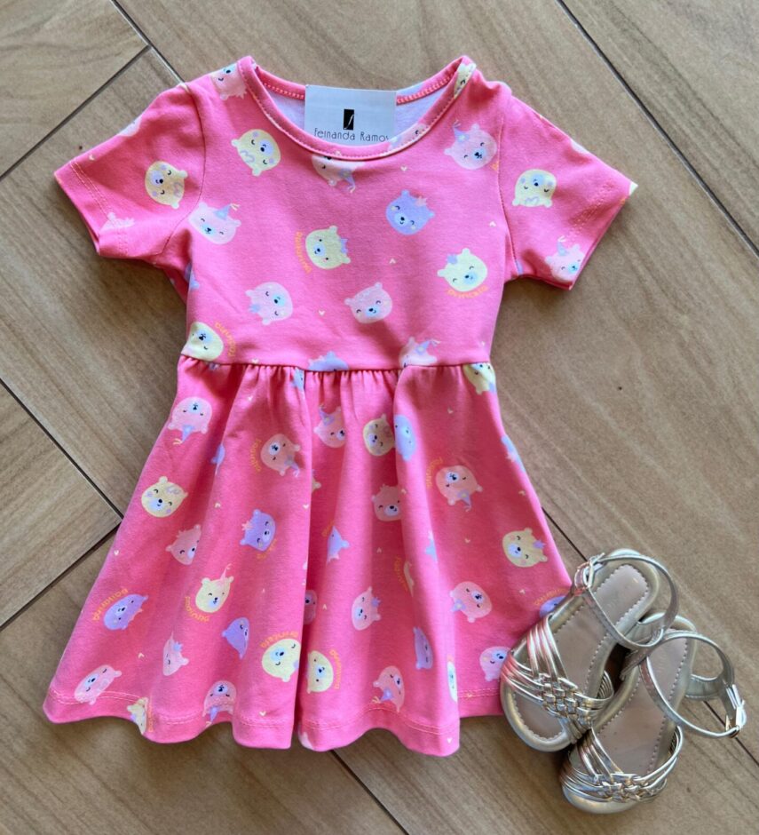 Vestido Infantil Feminino Curto Rodado de Bichinhos Rosa Fernanda Ramos Kids
